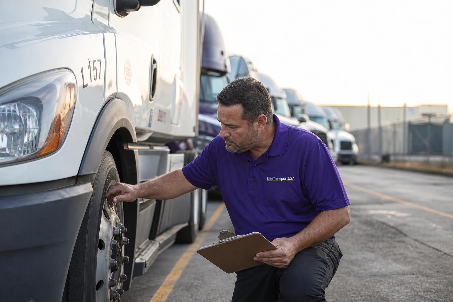 EliteTransportUSA driver performing a pre-trip inspection on a tractor unit