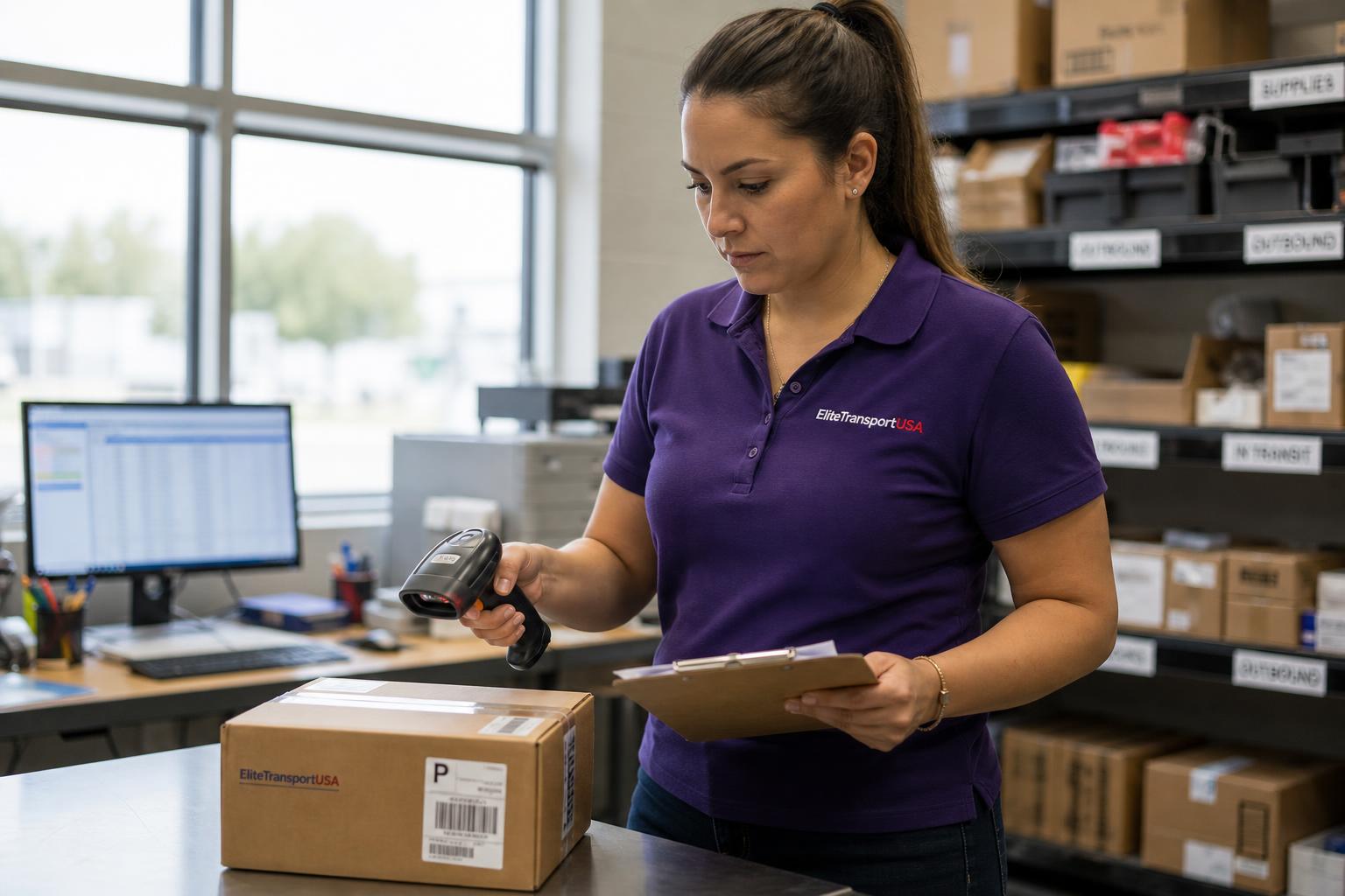 EliteTransportUSA operations specialist scanning a parcel during inbound inspection