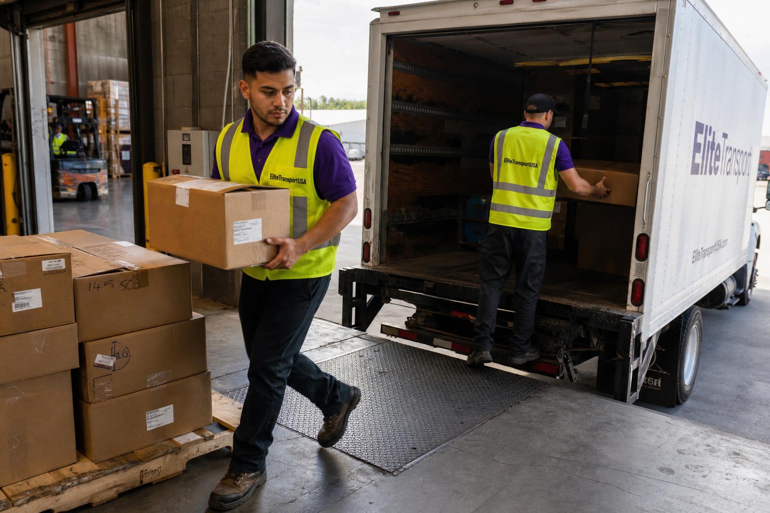 EliteTransportUSA crew loading freight onto a box truck at the dock