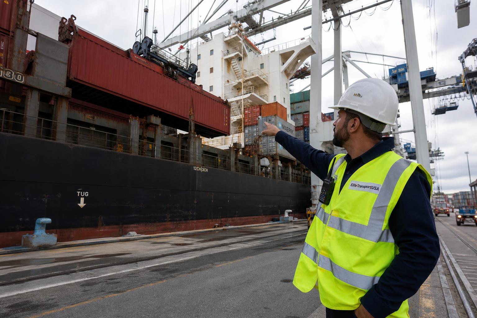 EliteTransportUSA port operations coordinator overseeing container vessel loading