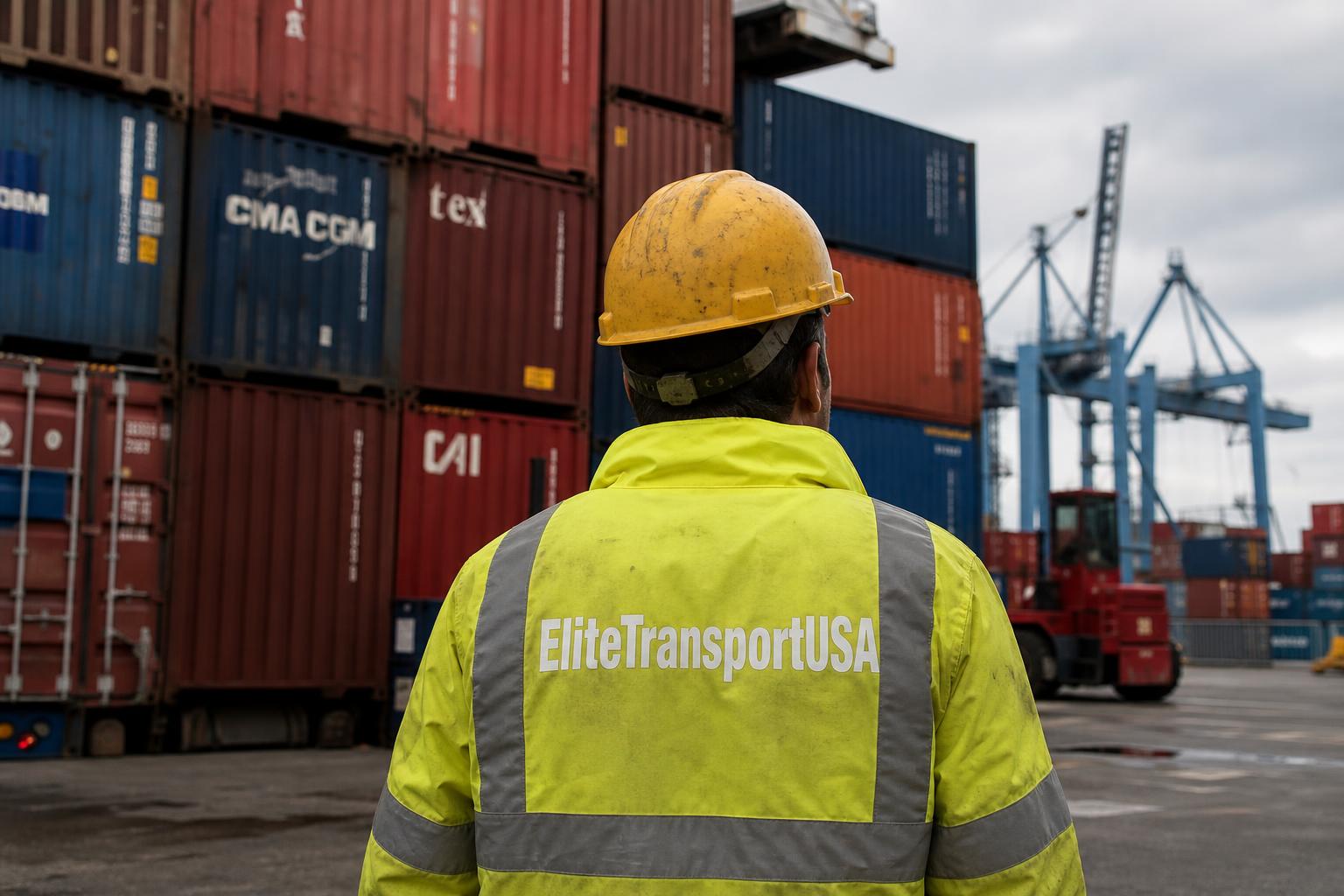 EliteTransportUSA supervisor facing stacks of intermodal shipping containers at the port